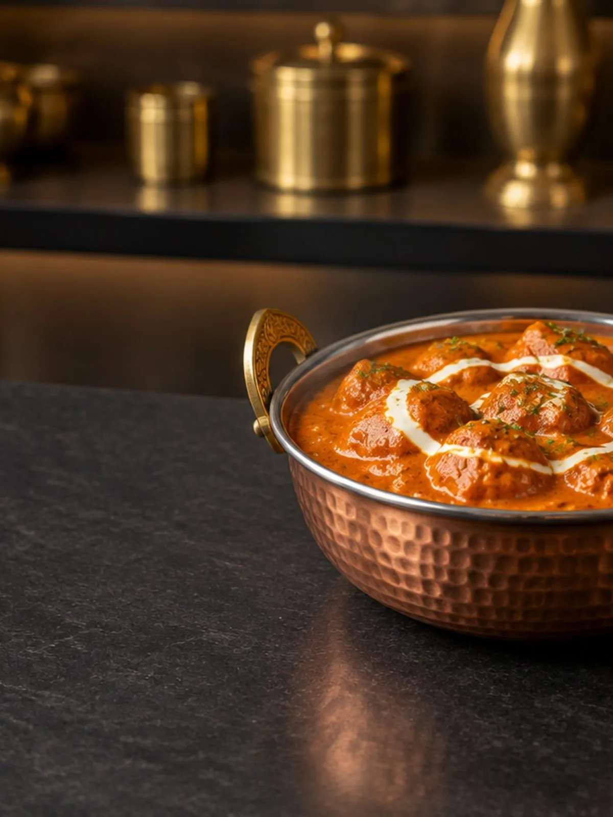 Butter chicken in a copper bowl at Anara