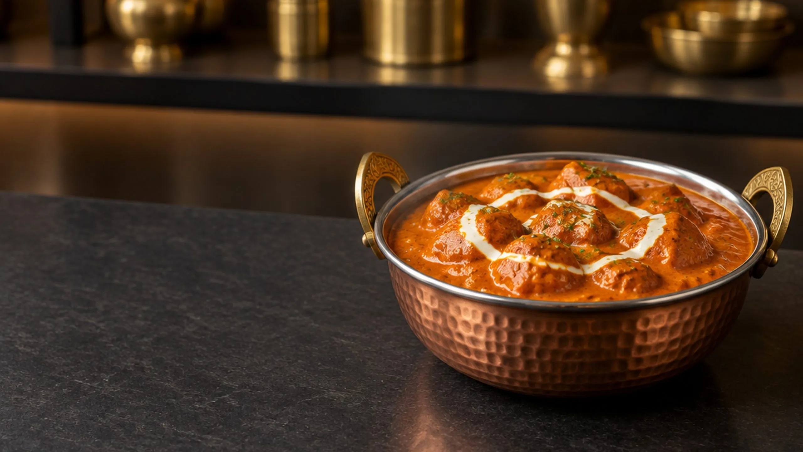 Butter chicken in a copper bowl at Anara