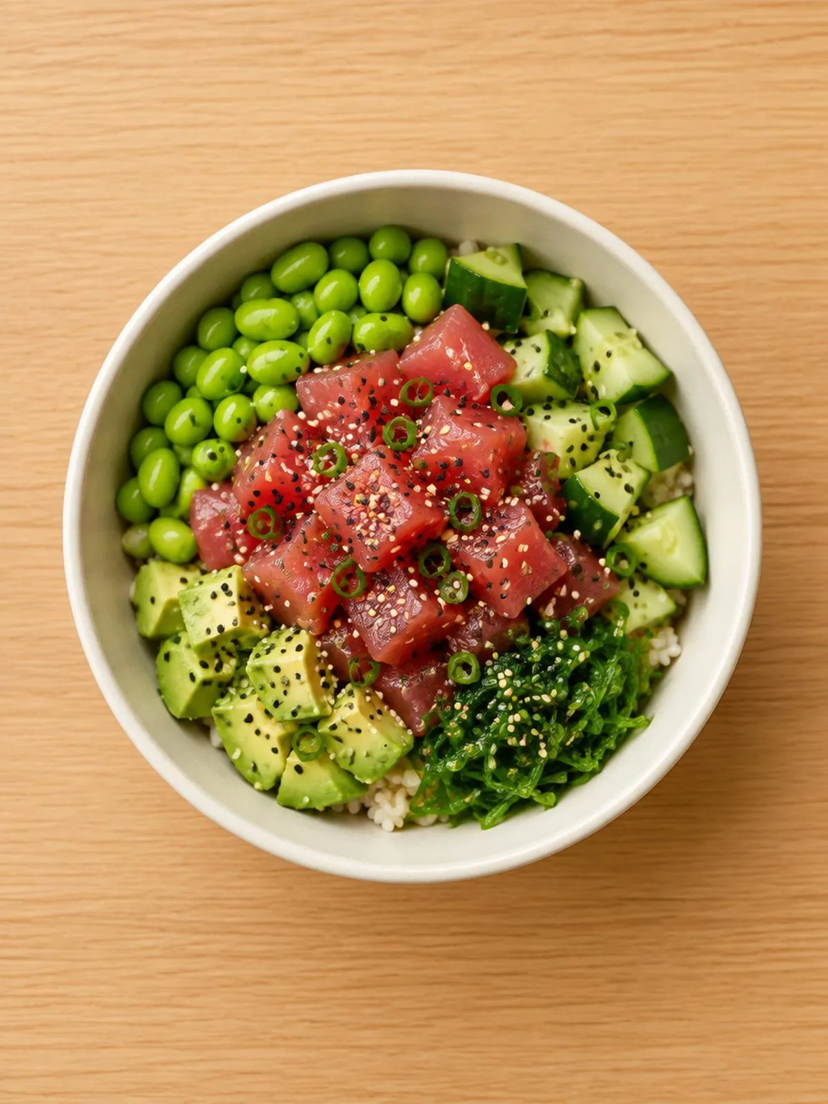 A tuna poke bowl seen from above at El Ta’koy