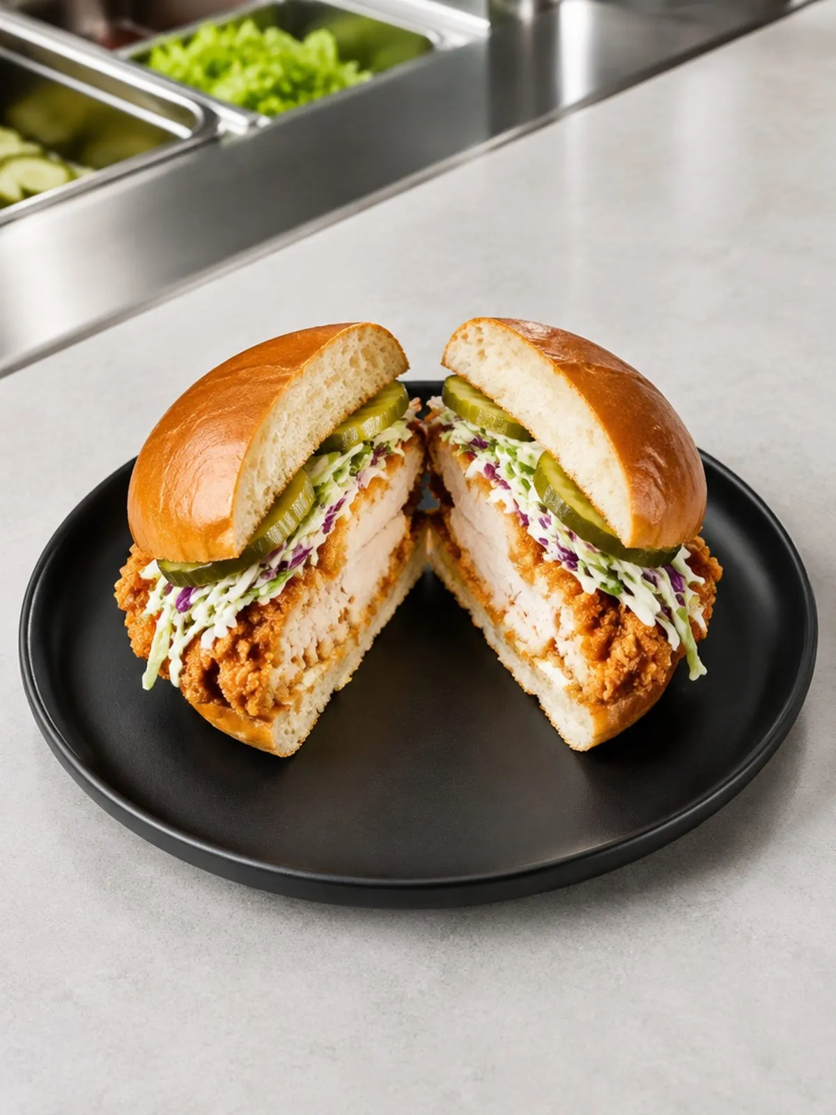 A crispy chicken sandwich cut in half at Flippin’