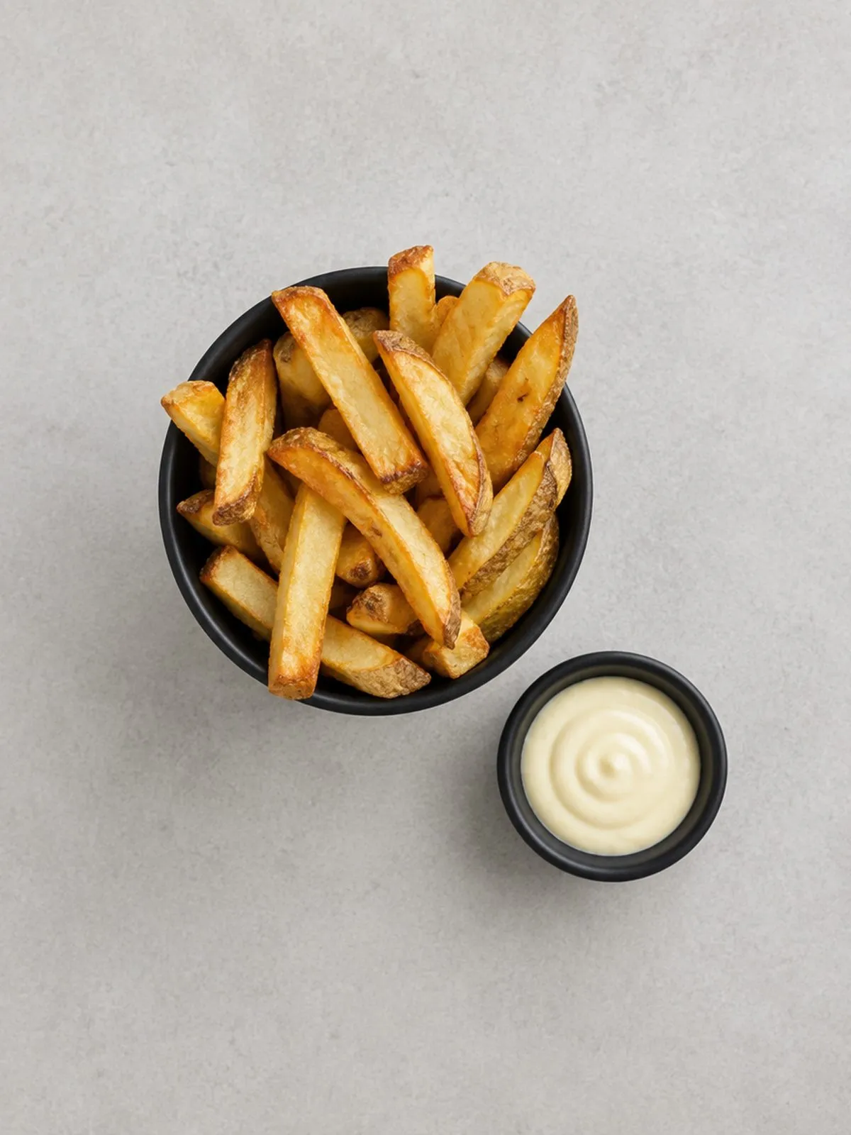 Skin-on fries with dip seen from above at Flippin’