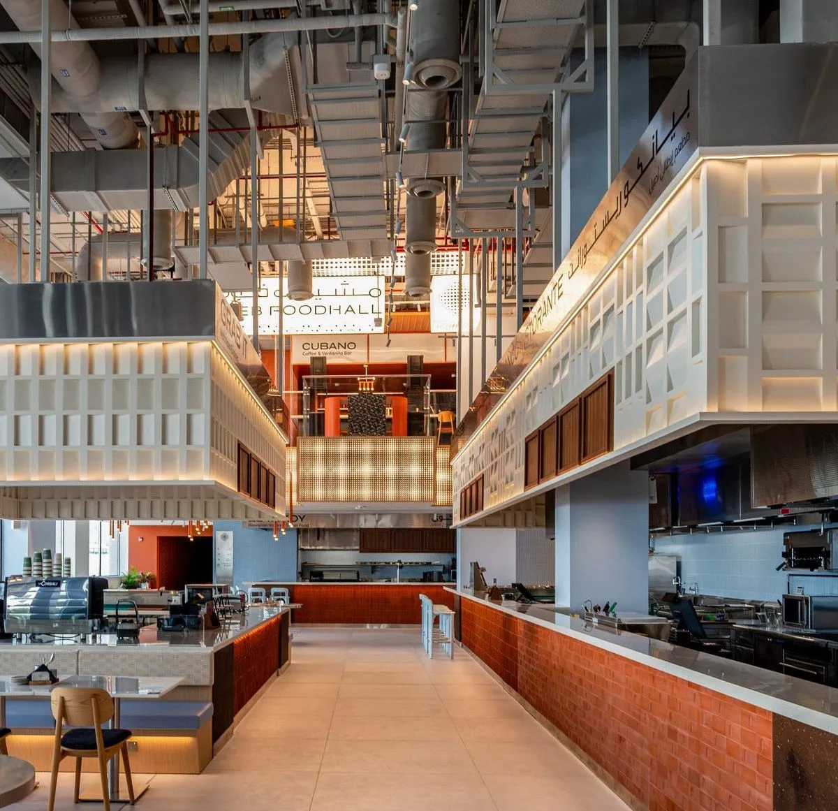 The aisle looking towards the pizza oven