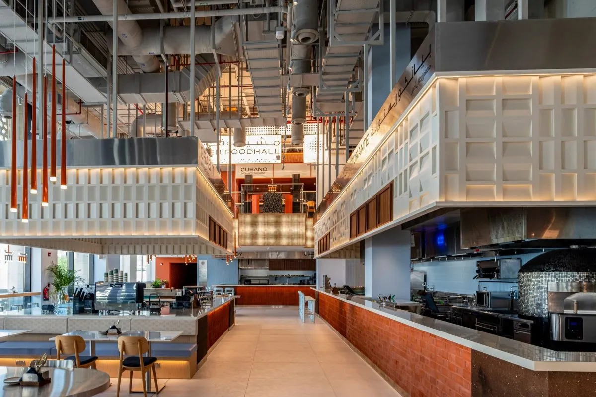 The aisle looking towards the pizza oven