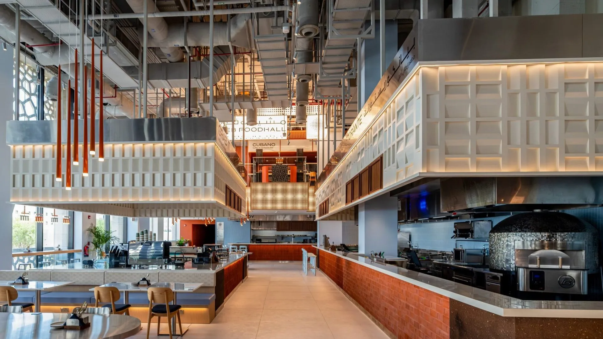 The aisle looking towards the pizza oven