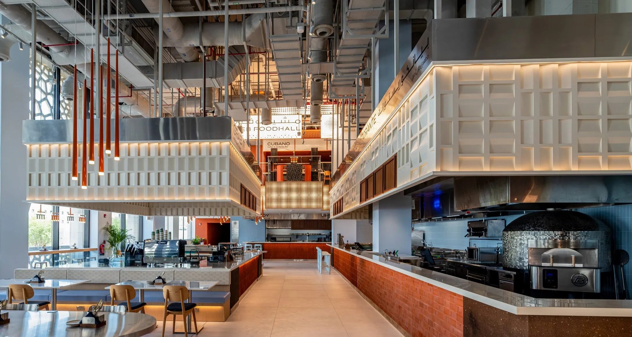 The aisle looking towards the pizza oven