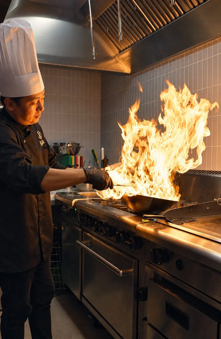 A chef working a flame at the pass
