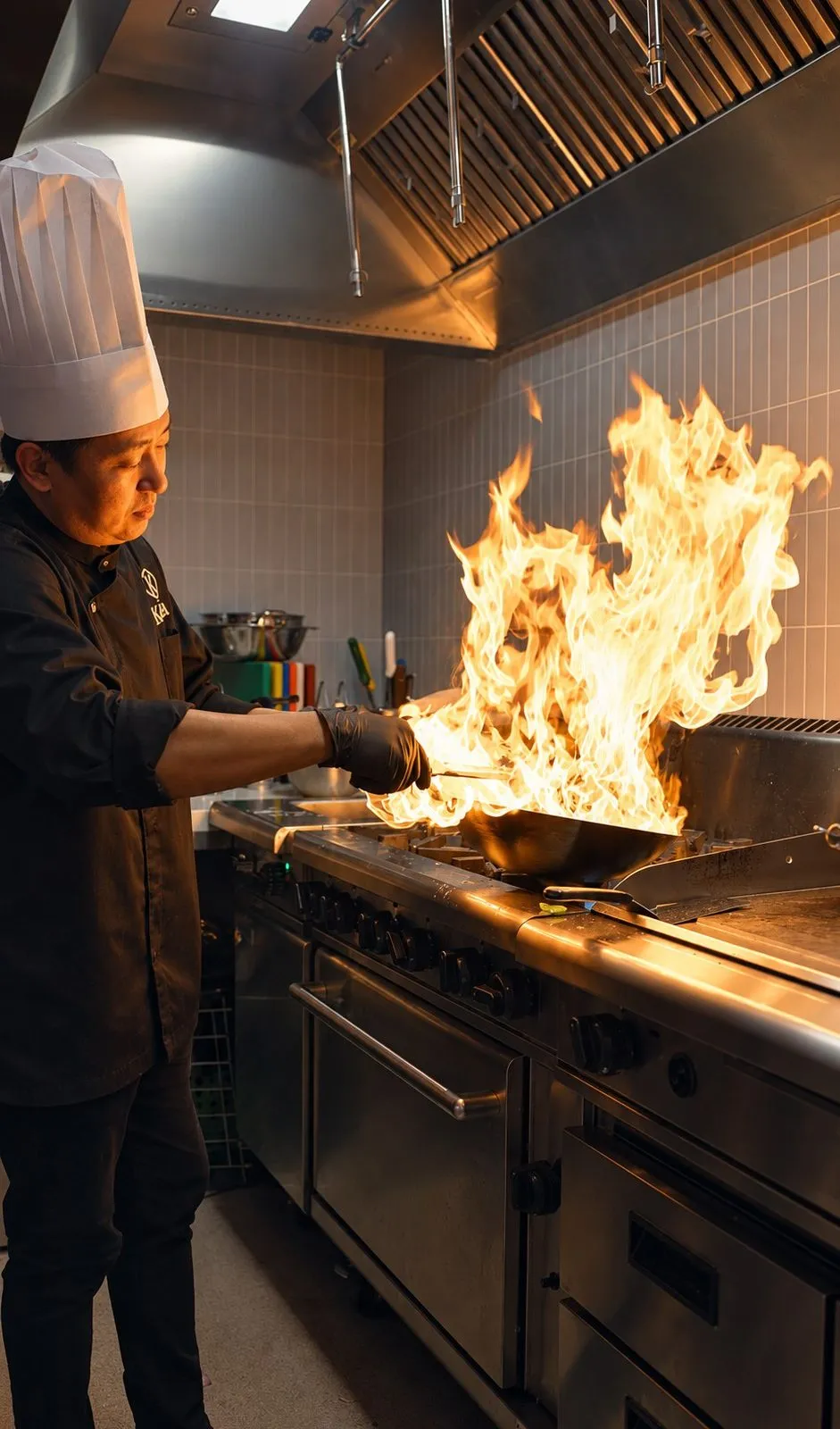 A chef working a flame at the pass
