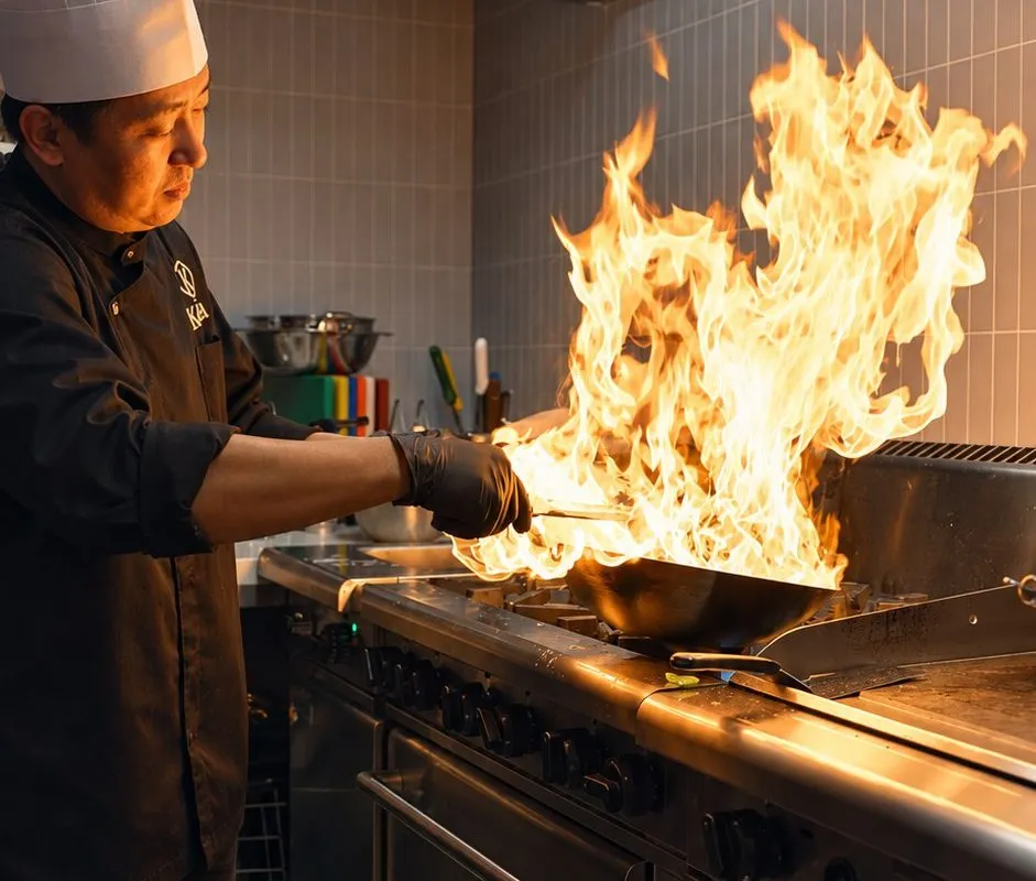 A chef working a flame at the pass