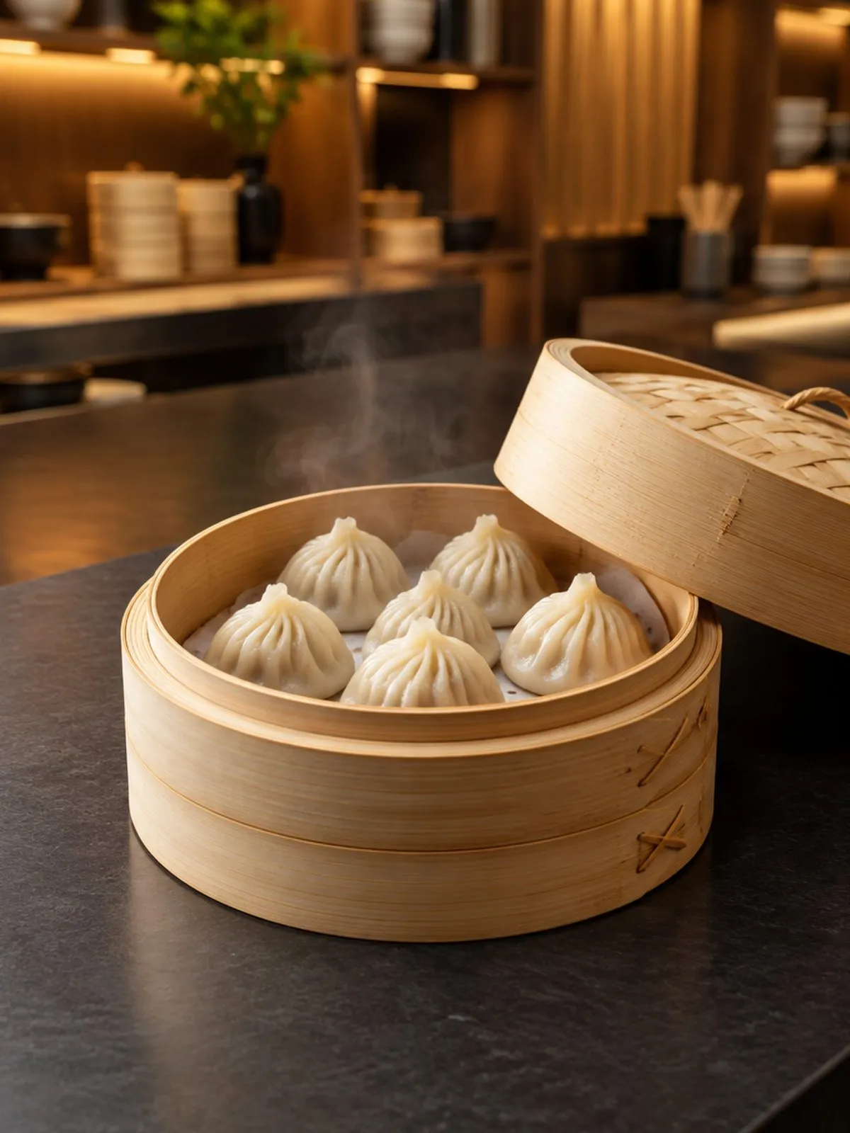 Steamed dumplings in a bamboo basket at Kejia