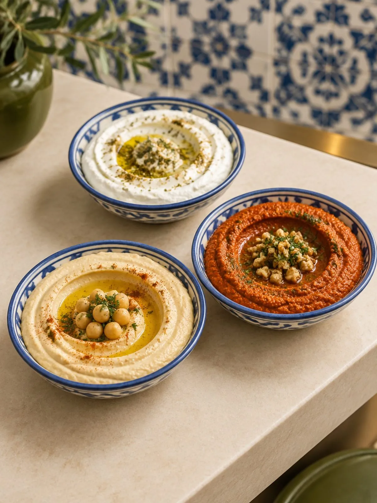 Hummus, labneh and muhammara at Tannour Beirut