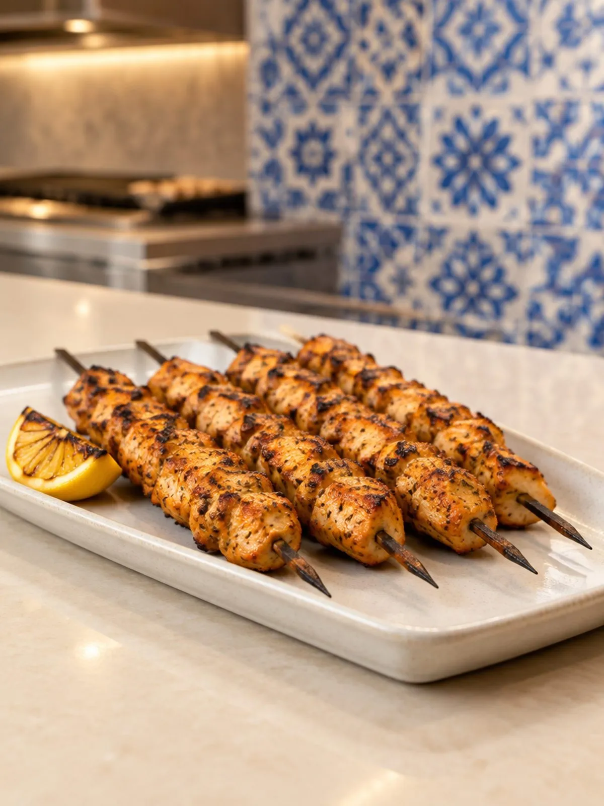 Shish taouk skewers on a platter at Tannour Beirut